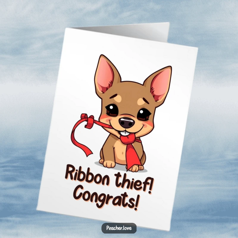 Free Printable Congratulations Card, Pinscher dog with a sly grin, playfully snatching a red ribbon, celebrating a cheeky win.