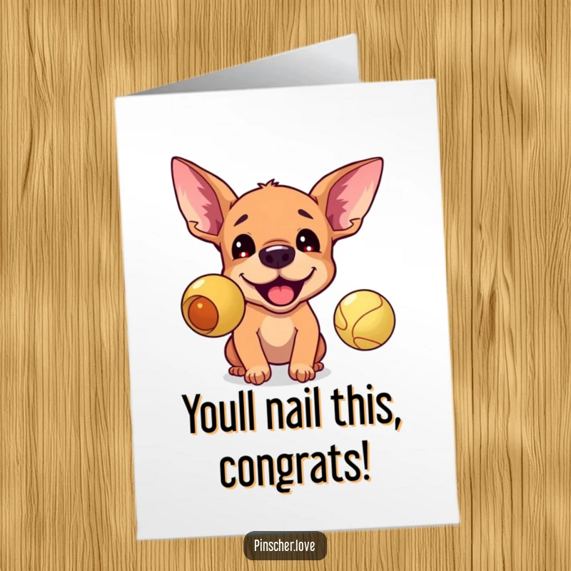 Funny free printable congratulations card: Excited Pinscher with perked ears, joyfully barking at a bouncing ball.