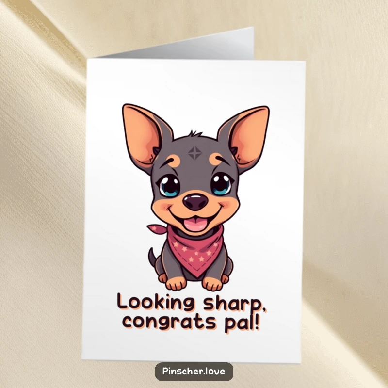 Funny free printable congratulations card: Pinscher with a playful grin, wearing a tiny, fashionable bandana.