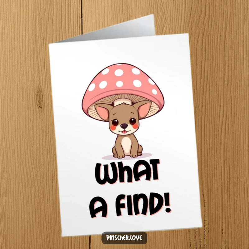 Funny Free Printable Congratulations Card: A pinscher dog playfully peeking out from beneath a large, bright polka-dotted mushroom.