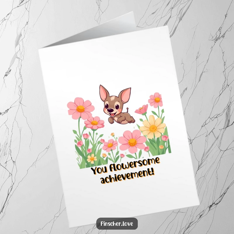 Funny Free Printable Congratulations Card: Energetic pinscher dog leaping over massive flowers, celebrating a big win.