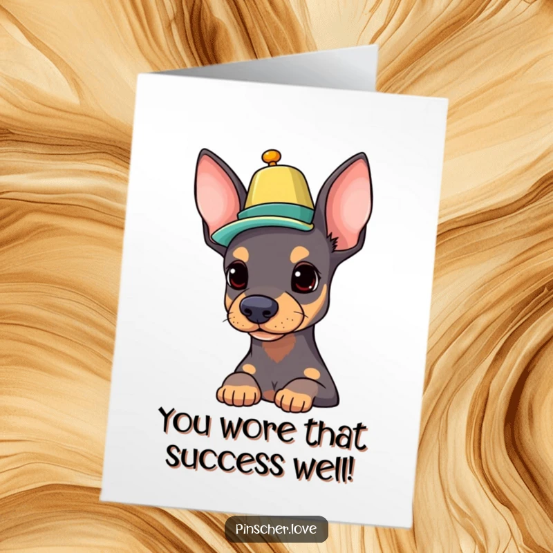 Free Printable Congratulations Card: A pinscher dog balancing a hat on its nose, celebrating success with pride, a great DIY gift.