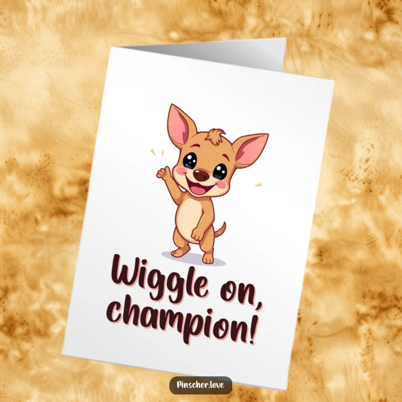 Funny Free Printable Congratulations Card: Pinscher dog doing a happy wiggle dance, celebrating your fantastic achievement.