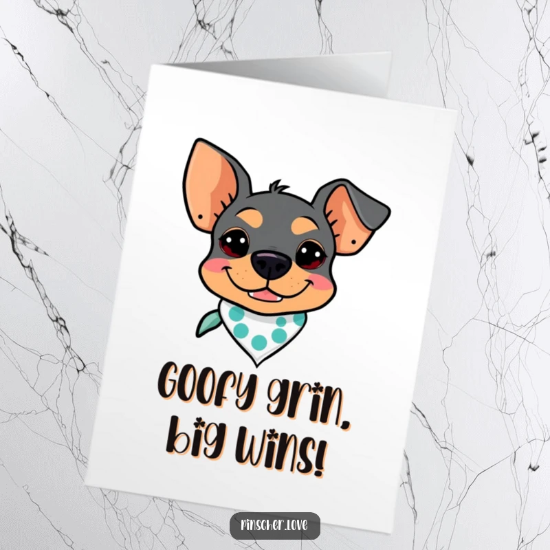 Funny Free Printable Congratulations Card: A Pinscher dog wearing a bandana and sporting a huge grin.