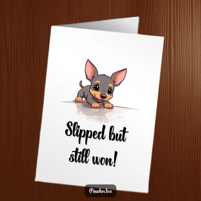 Funny Free Printable Congratulations Card: A Pinscher humorously loses its footing on a slippery surface. Playful art.