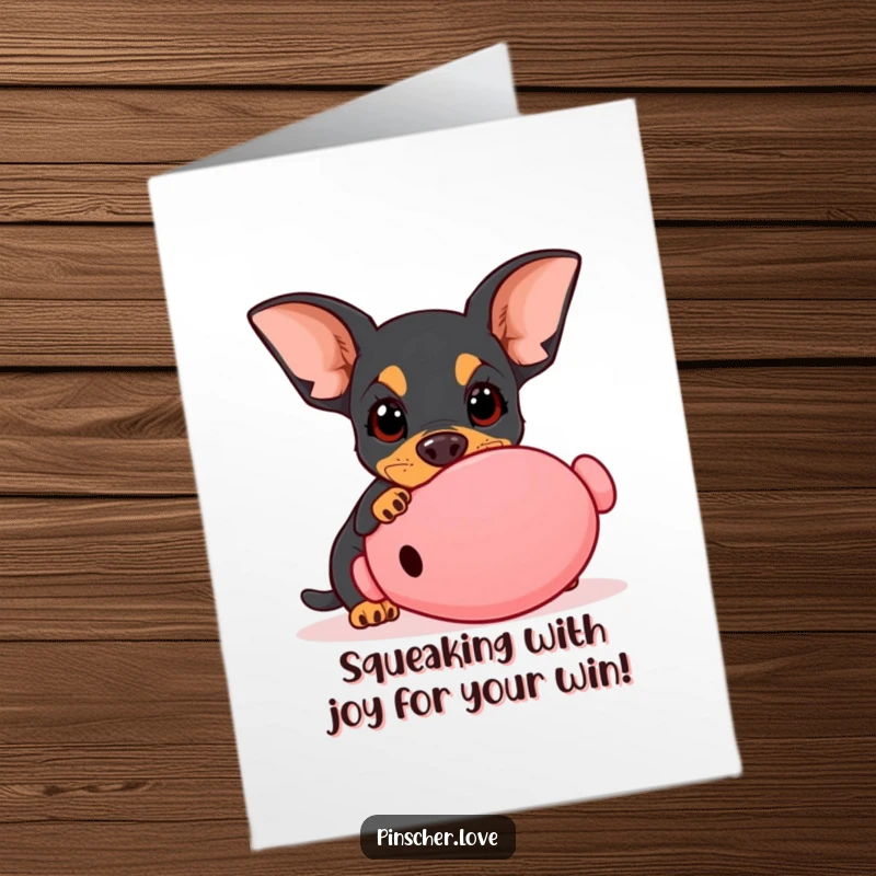 Funny Free Printable Congratulations Card featuring a pinscher with innocent eyes nudging a giant squeaky toy.