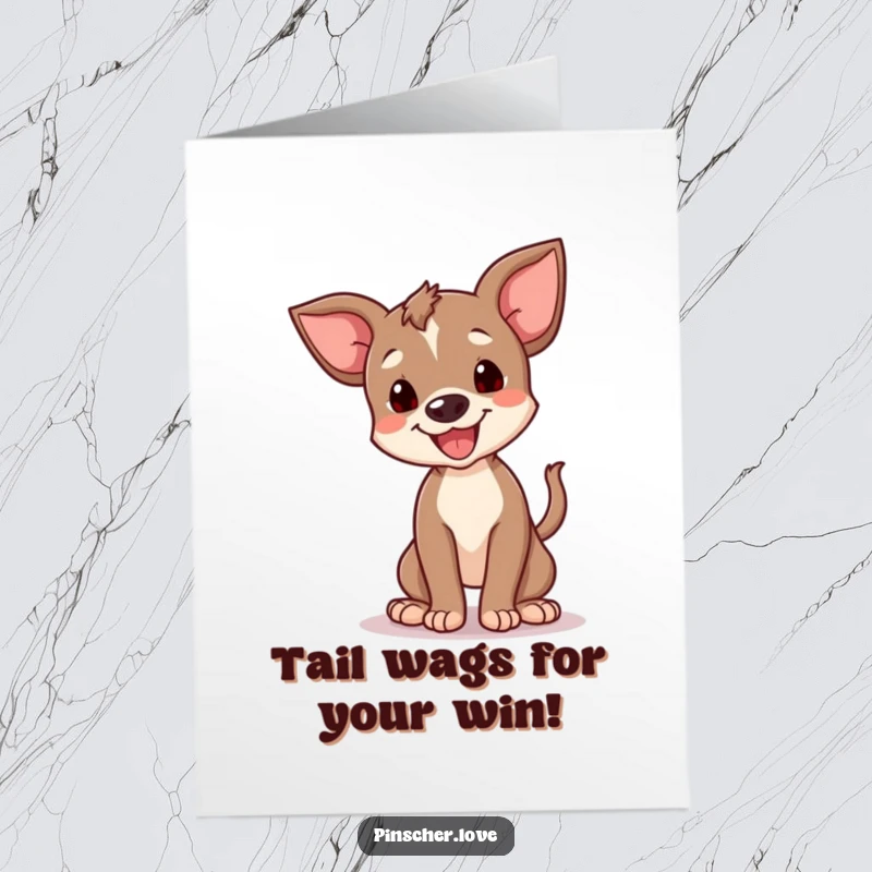 Funny Free Printable Congratulations Card: A joyful pinscher cub performs a funny little spin, tail a blur of celebration.