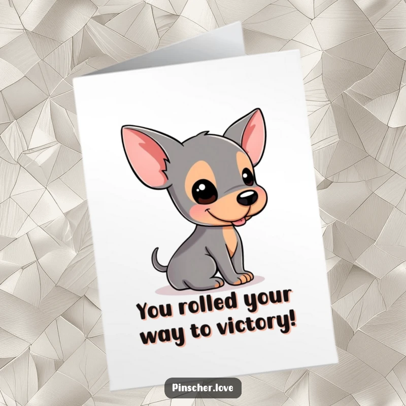 Funny Free Printable Congratulations Card: A happy pinscher dog doing a silly wiggle dance on its back in celebration.