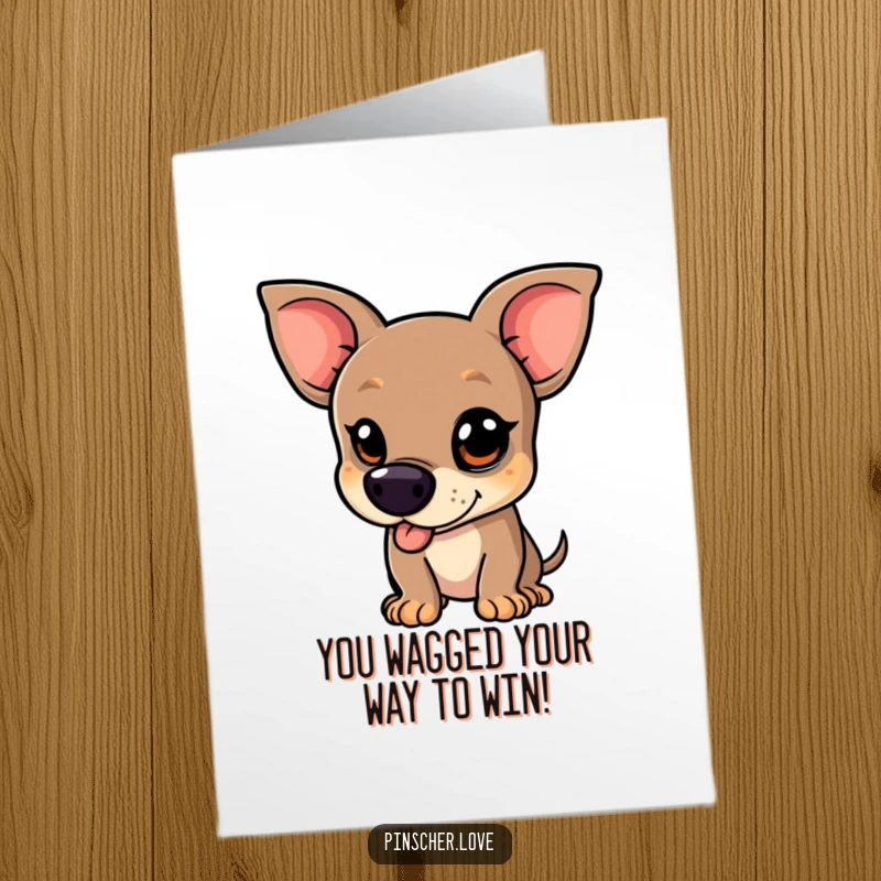 Funny free printable congratulations card: A pinscher character with a mischievous glint wags vigorously in celebration.