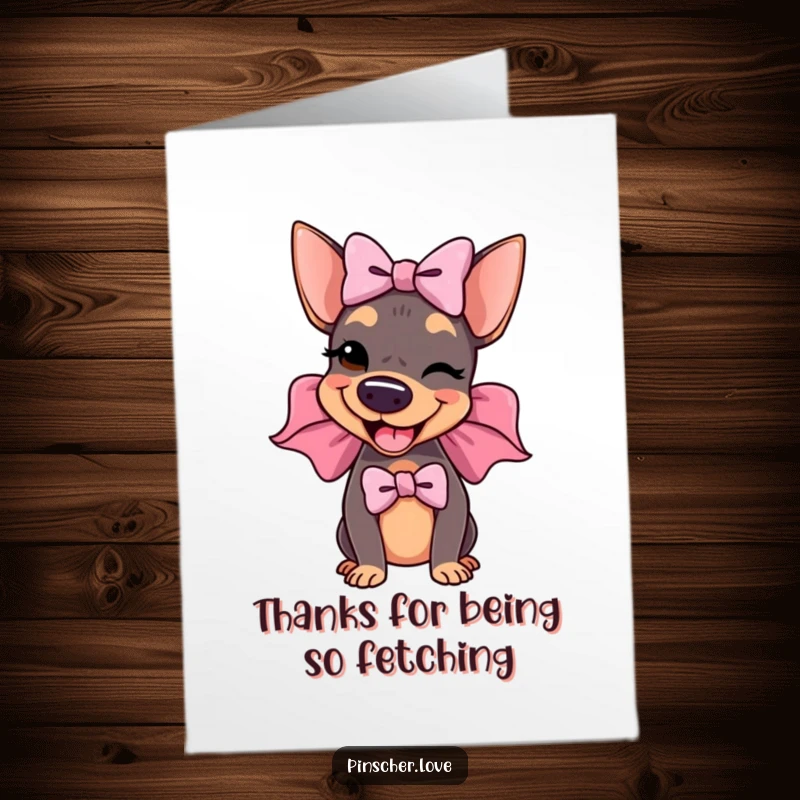 Funny Free Printable Thank You Card: A pinscher dog sporting an enormous, floppy bow and a wink, conveying thanks.
