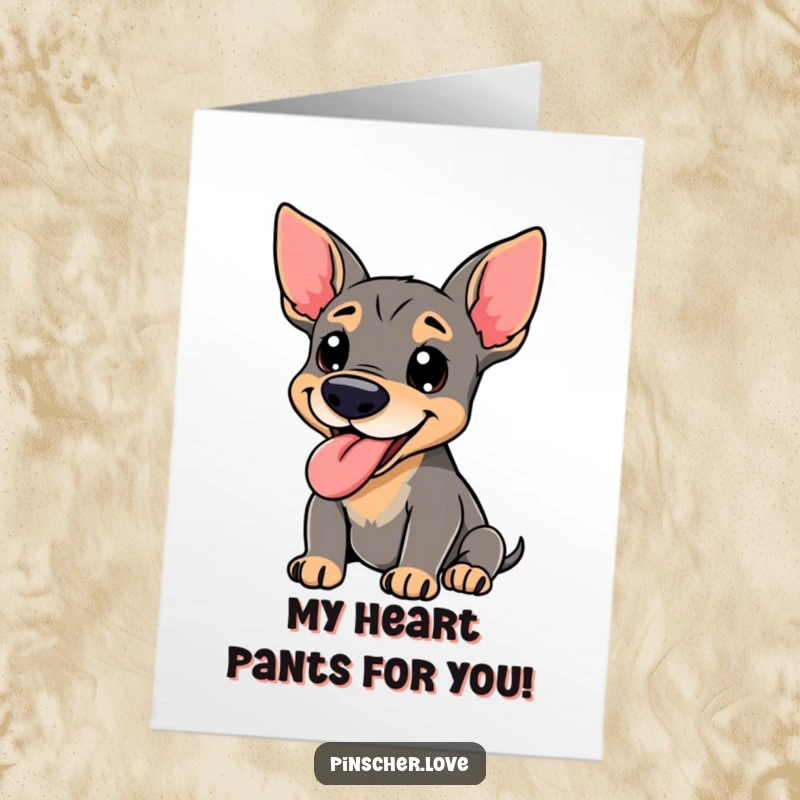 Funny free printable thank you card: A pinscher creature with its tongue lolling out, panting happily to say thanks.