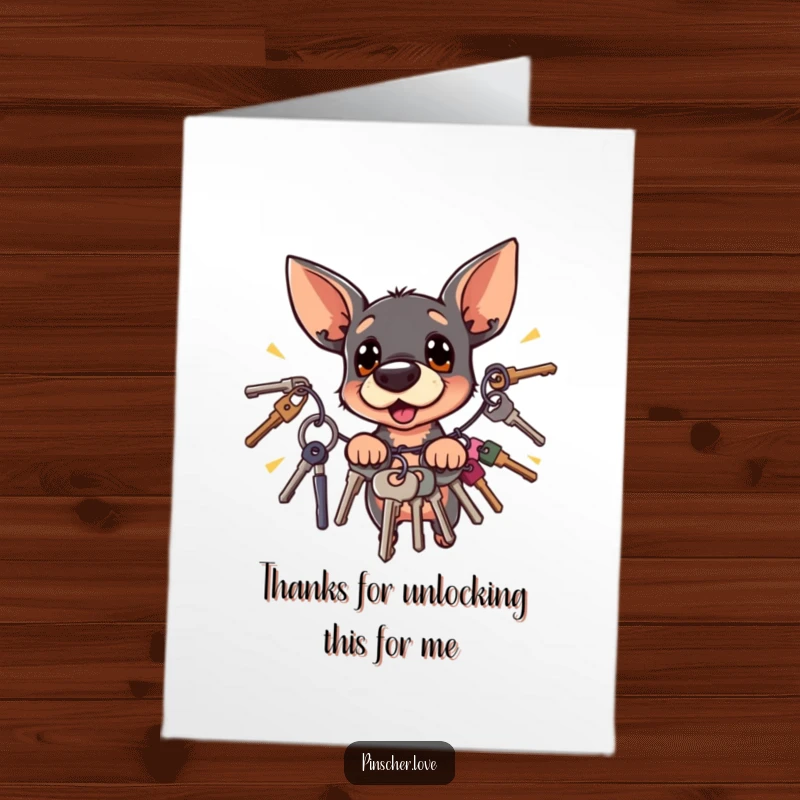 Funny Free Printable Thank You Card: A surprised pinscher character jumps back from a vigorously jingling bunch of keys.