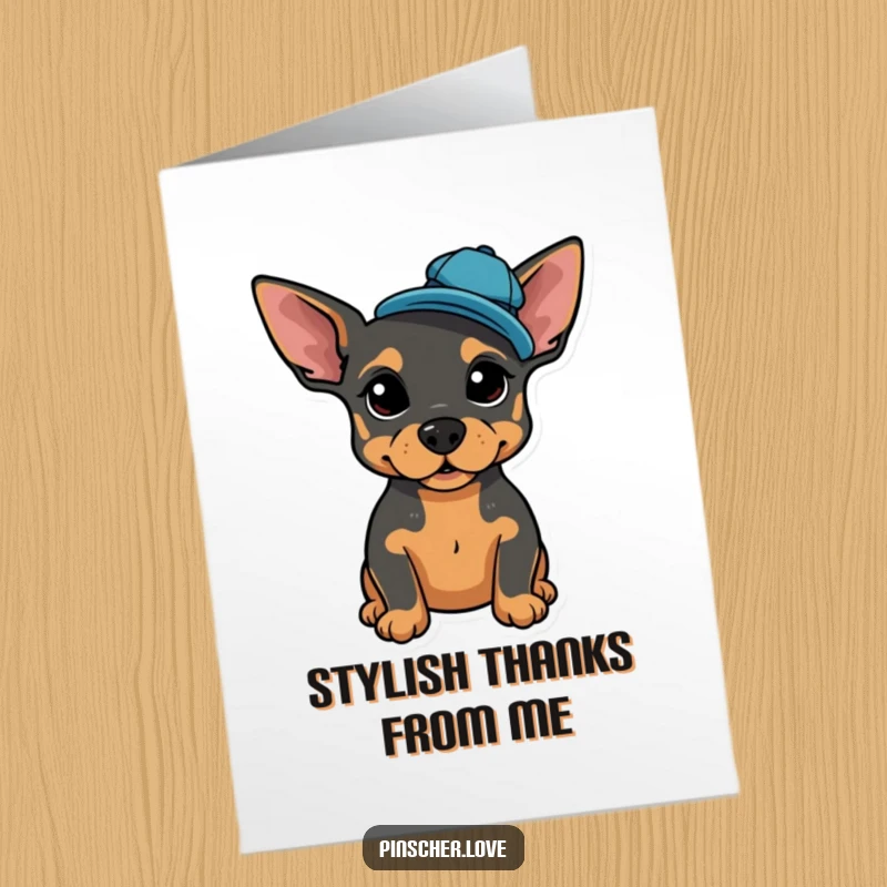 Funny Free Printable Thank You Card: A pinscher dog proudly wearing a tilted cap, expressing thanks stylishly.