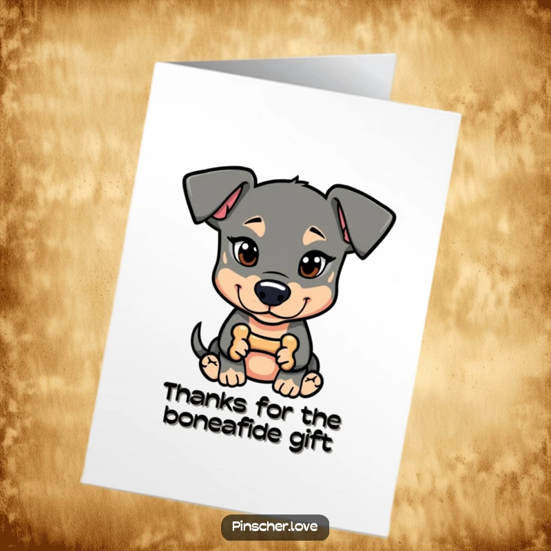 Funny Free Printable Thank You Card: Pinscher dog with mischievous glint, holding a bone, thanking you slyly.