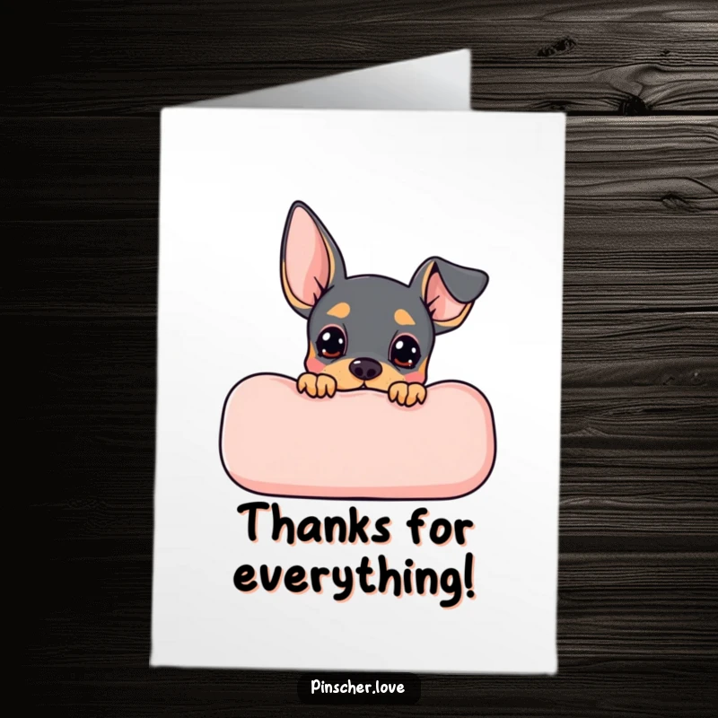 Funny Free Printable Thank You Card: Pinscher character peeking from behind a cushion, full of anticipation, great printable gift.