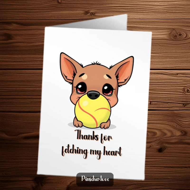 Funny Free Printable Thank You Card: Goofy pinscher dog playfully wrestling a comically huge tennis ball, expressing thanks.