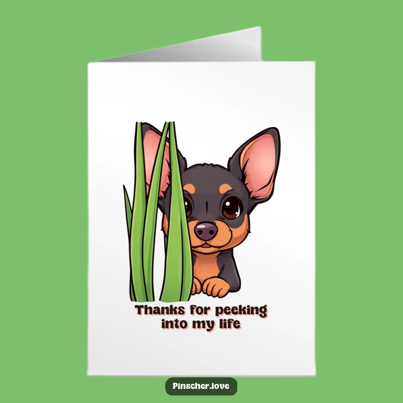 Free Printable Thank You Card: Curious Pinscher Grass Peek - Funny Dog Gratitude Downloadable Gift