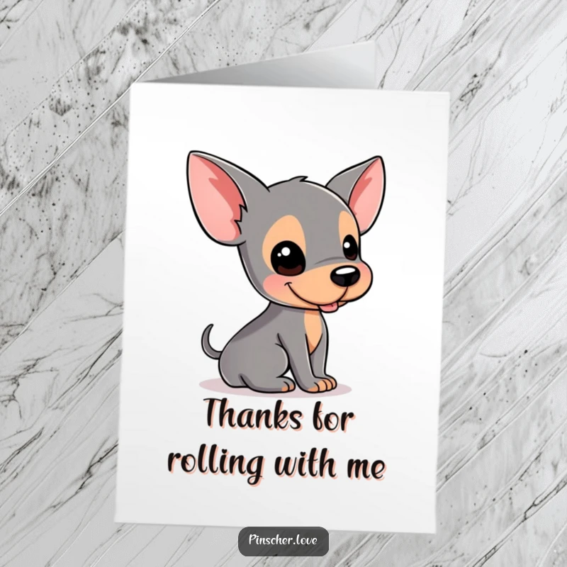 Funny Free Printable Thank You Card: A cute pinscher dog rolling on its back, wiggling with gratitude.