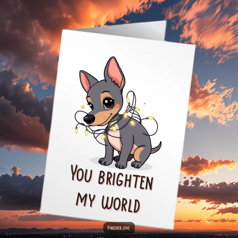 Funny Free Printable Thank You Card: A Pinscher cheerfully tangled in glowing fairy lights, expressing thanks with sparkle.