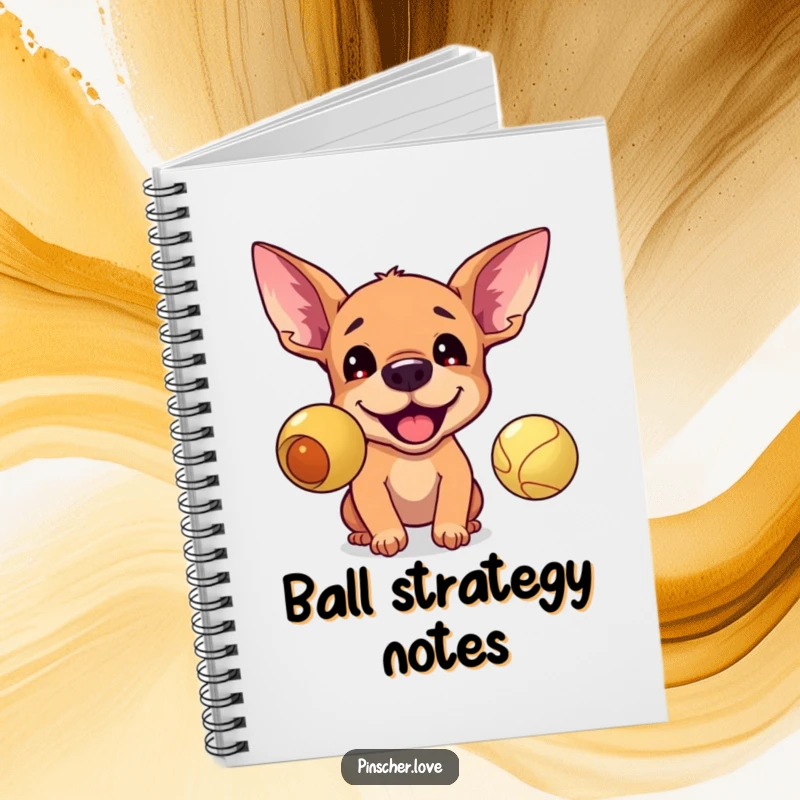 Funny notebook cover depicting a pinscher with ears up, barking intensely at a bouncing ball, great for dog-themed journaling.