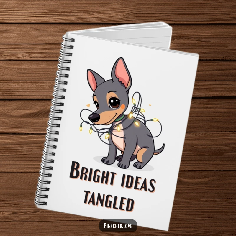Funny Pinscher notebook featuring a Pinscher dog playfully tangled in a string of small, glowing fairy lights.
