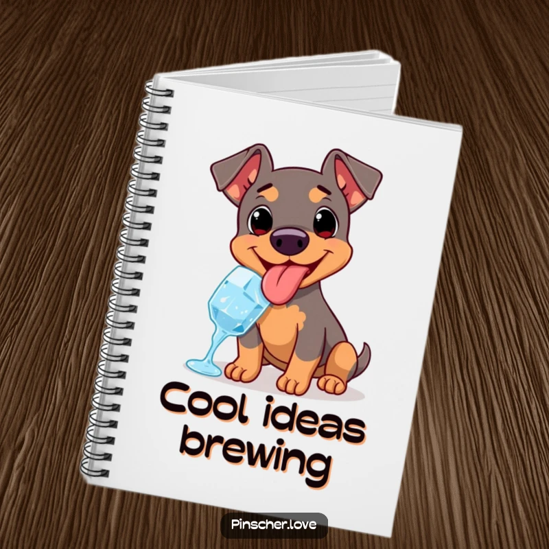 Funny notebook with a Pinscher panting happily, tongue out, enjoying a refreshing ice cube.