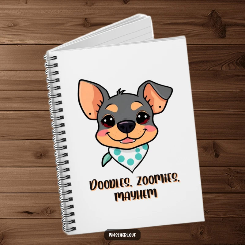 Funny Pinscher Notebook: A dog with a goofy grin sports a tiny bandana, ideal for notes and creative brainstorming.