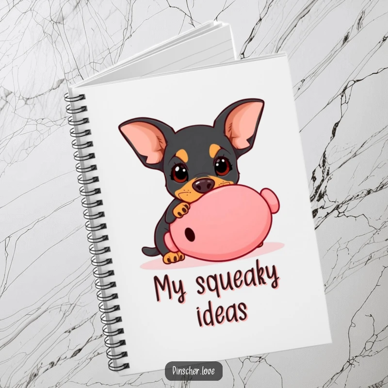 Funny Pinscher notebook, lined pages with dog with wide innocent eyes playfully nudging a giant squeaky toy, playful journal, gift.
