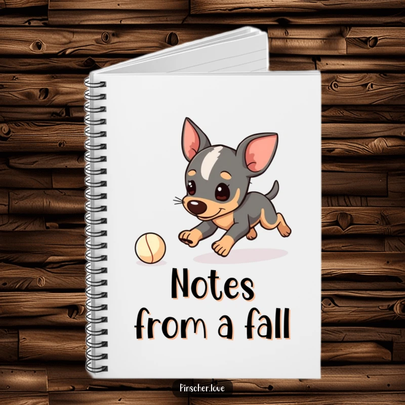 Funny Pinscher notebook, lined pages with dog character playfully tripping while chasing a small ball, funny journal, gift.