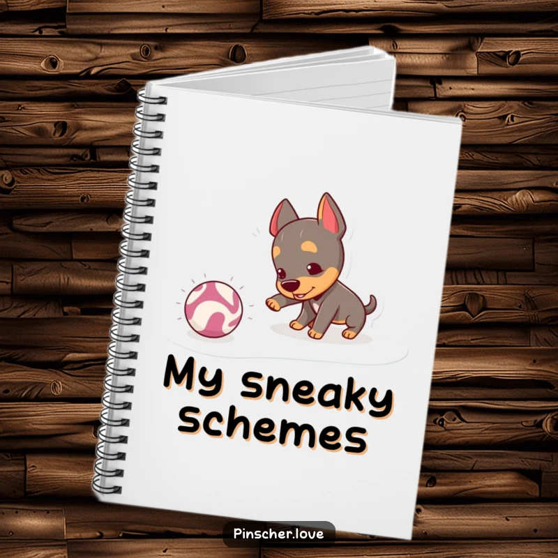 Funny Pinscher Notebook: A mischievous pinscher playfully nudges a bouncy, crinkly ball, ideal for jotting down playful ideas and energetic thoughts.