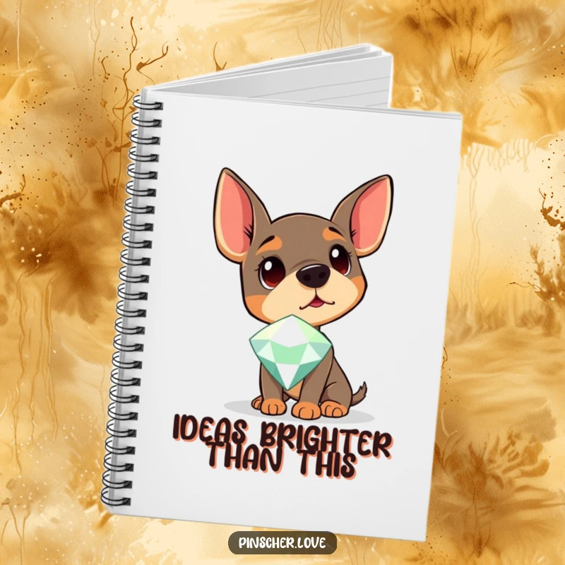 Funny Pinscher Notebook showing a dog tilting its head curiously at a large gem, ideal for jotting down inspirations.