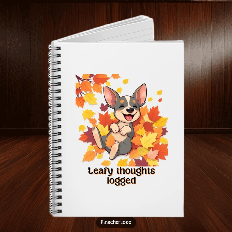Funny Pinscher notebook cover showing a Pinscher dog happily rolling and playing in a huge pile of colorful fall leaves.