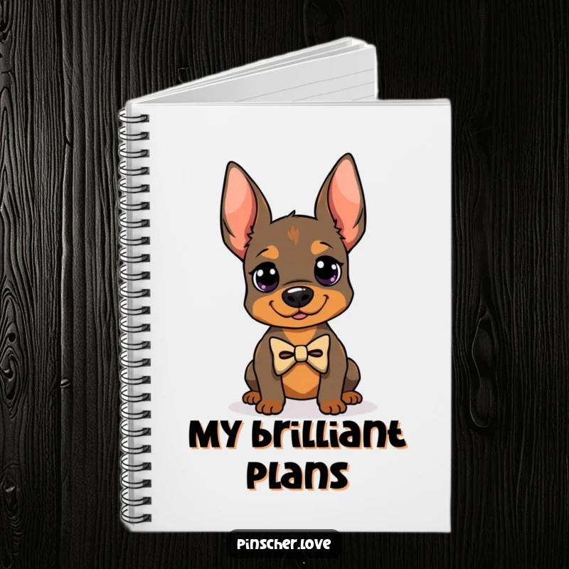 Funny notebook with a Pinscher dog in a bowtie, posing proudly, ideal for notes and sketches, excellent funny gift for dog fans.