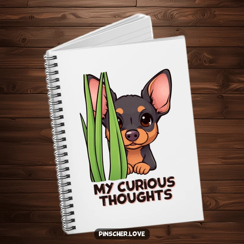 Funny curious pinscher notebook, featuring a small dog peeking from behind grass, perfect for notes and ideas.