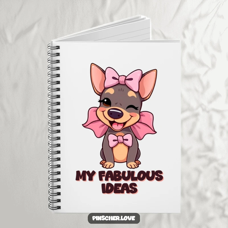 Funny Pinscher Notebook: A delighted pinscher wears an enormous, floppy bow and winks, perfect for jotting down witty thoughts and charming ideas.