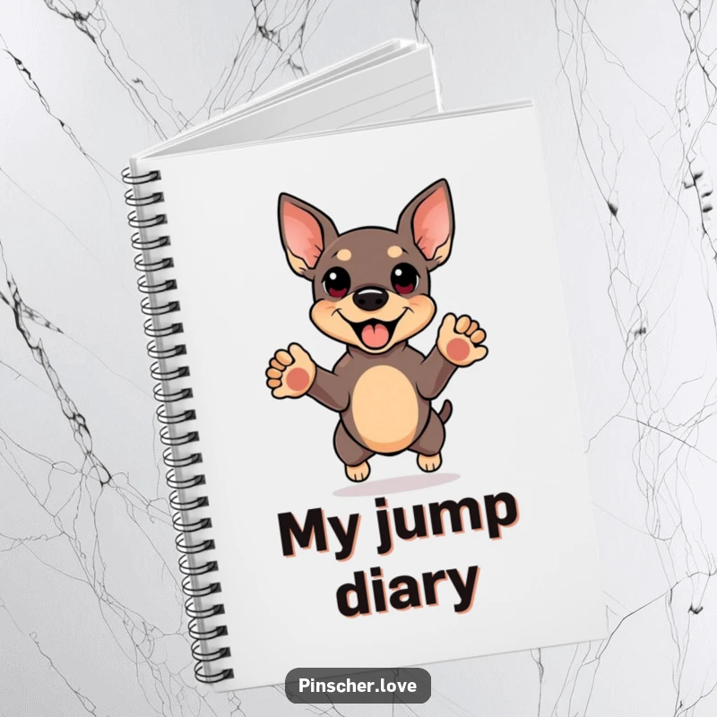 Funny notebook cover with a pinscher in a happy jump, front paws reaching up, perfect for journaling joyful moments.