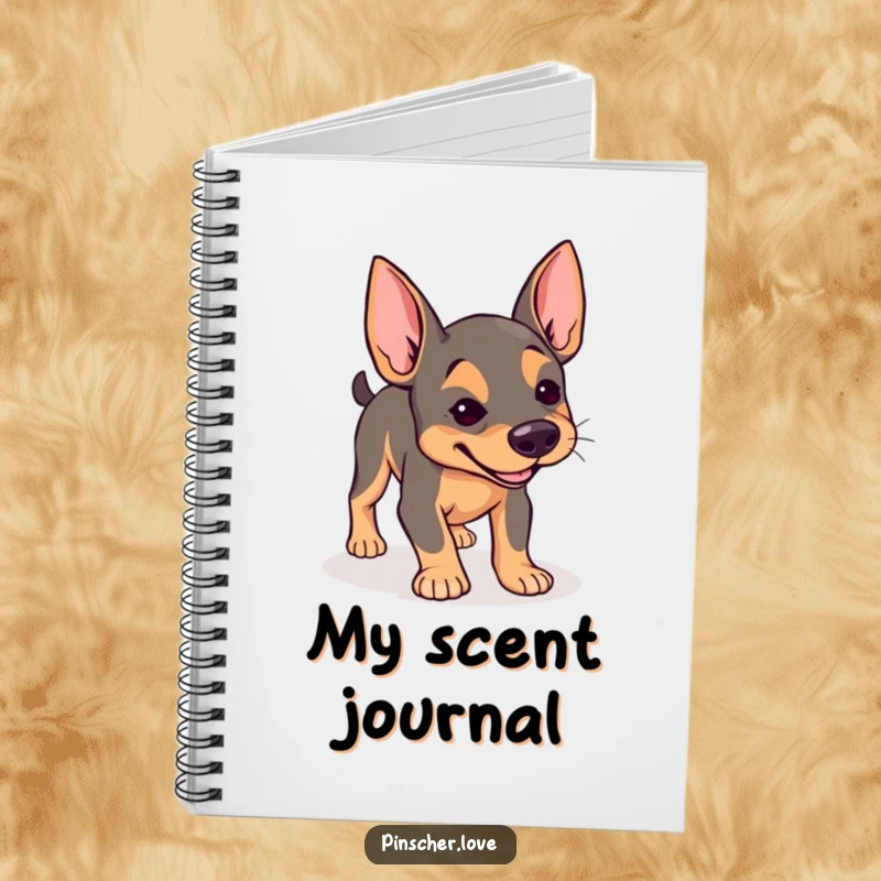 Funny Pinscher notebook, lined pages with dog with determined expression joyfully sniffing the ground, curious journal, gift.