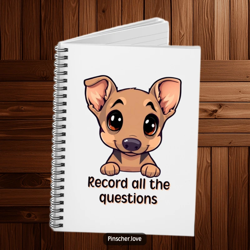 Funny Pinscher notebook cover showing a dog with wide, curious eyes and a head tilt, perfect for jotting down inspired ideas.