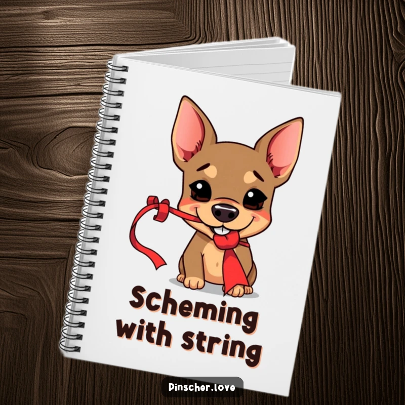 Funny Pinscher notebook cover showing a mischievous dog with a grin playfully holding a dangling red ribbon, perfect for creative notes.