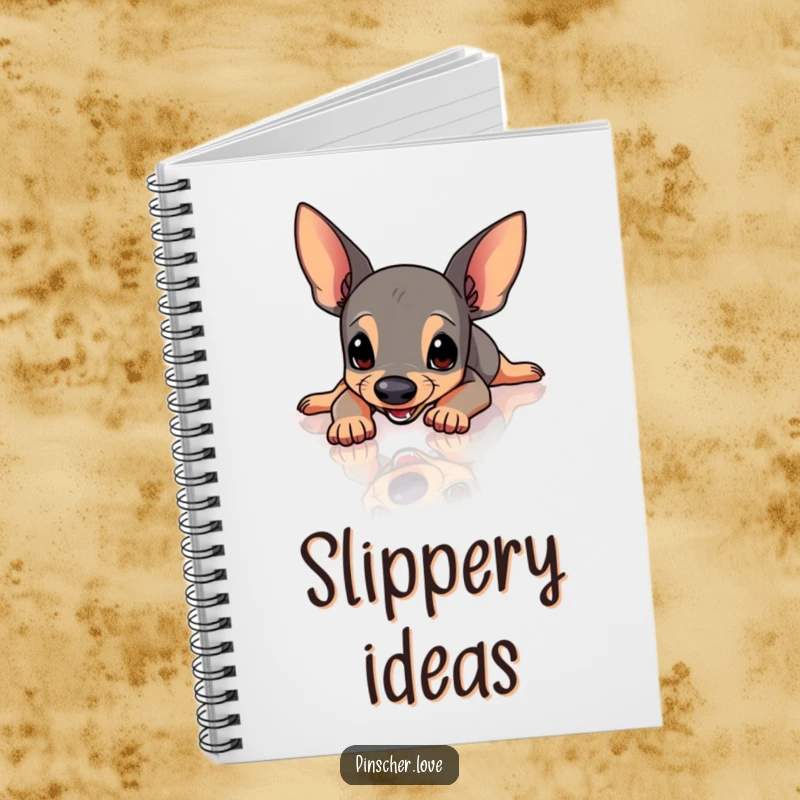 Funny Pinscher notebook cover showing a Pinscher dog comically slipping on a highly polished, slick floor.