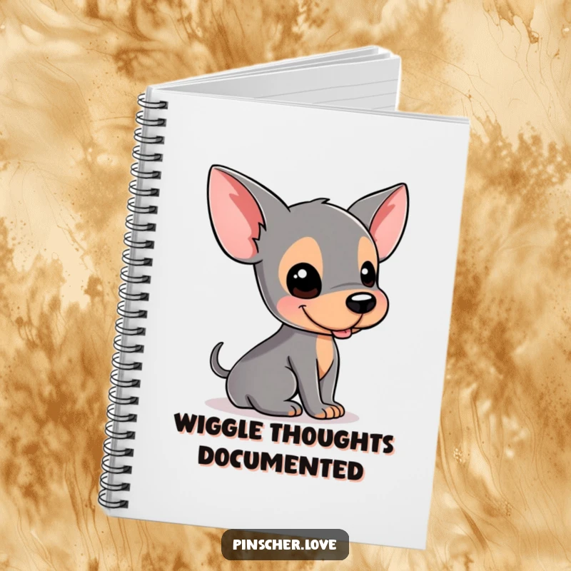 Funny Pinscher notebook showing a dog rolling on its back, providing a humorous cover for notes and ideas.