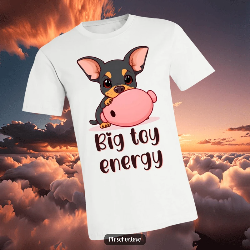 Funny Pinscher t-shirt, dog with wide innocent eyes playfully nudging a giant squeaky toy, adorable canine, perfect gift.