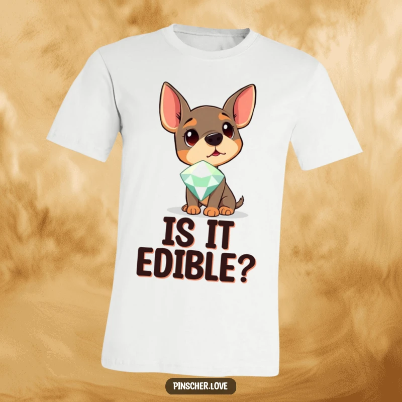 Funny Pinscher T-Shirt showing a dog tilting its head in curiosity towards a giant, sparkling gemstone.