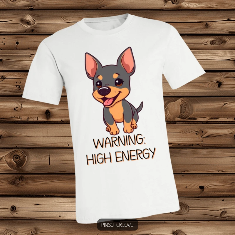 Funny t-shirt depicting a Pinscher with alert ears, barking energetically, and its tail wagging wildly, for casual wear.