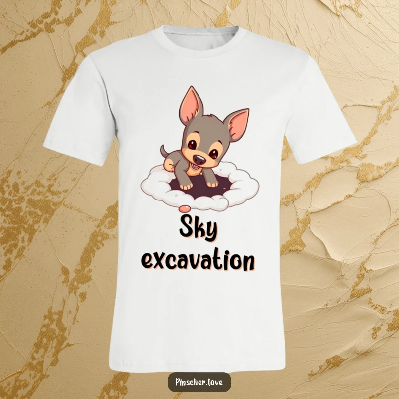 Funny pinscher dog actively digging a hole in a soft, cloud-like texture, showcasing playful determination and humor