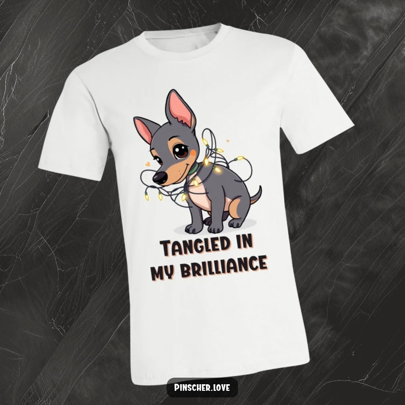 Funny Pinscher t-shirt depicting a Pinscher dog happily tangled in a string of small, glowing fairy lights.