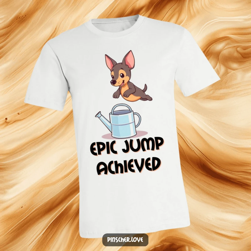 Funny pinscher dog leaping dramatically over a small, shiny watering can, showcasing athletic prowess and comedic timing