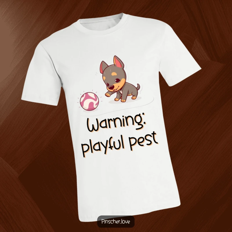 Funny Pinscher T-Shirt: A mischievous pinscher playfully nudges a bouncy, crinkly ball, capturing a moment of intense canine focus and fun.