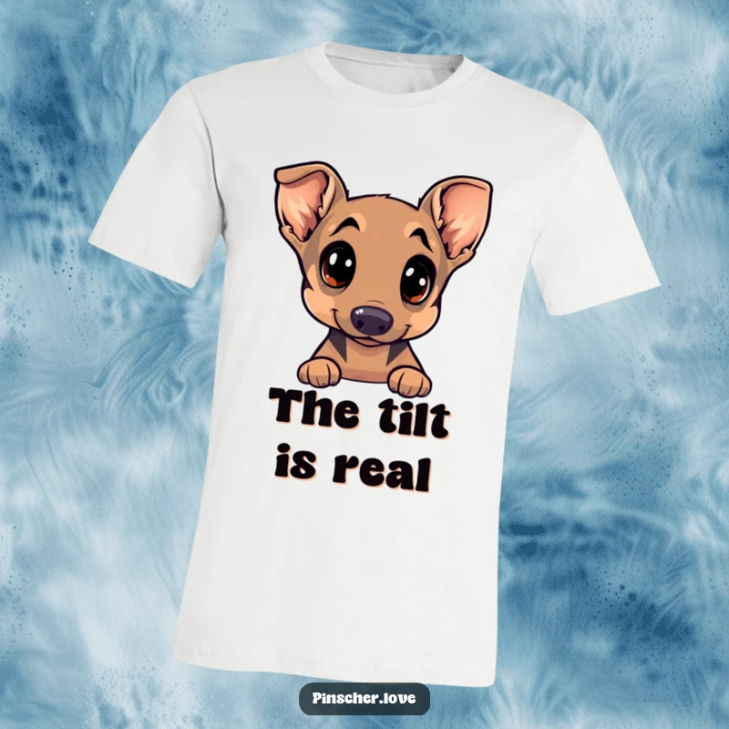 Funny Pinscher t-shirt design of a cute dog with wide, inquisitive eyes and a head tilt, conveying playful curiosity.