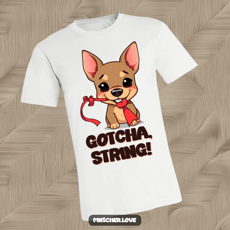 Funny Pinscher t-shirt design of a dog with a sly, mischievous grin mid-grab for a dangling red ribbon, illustrating playful mischief.